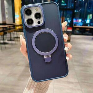 iPhone 15 Pro Max MagSafe Ring Stand Case With Glass Screen Protector Dark Blue